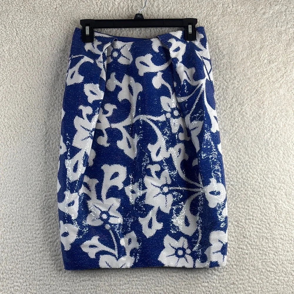 NWOT Diane Von Furstenberg Womens Blue White Sequined Floral Skirt Size 0